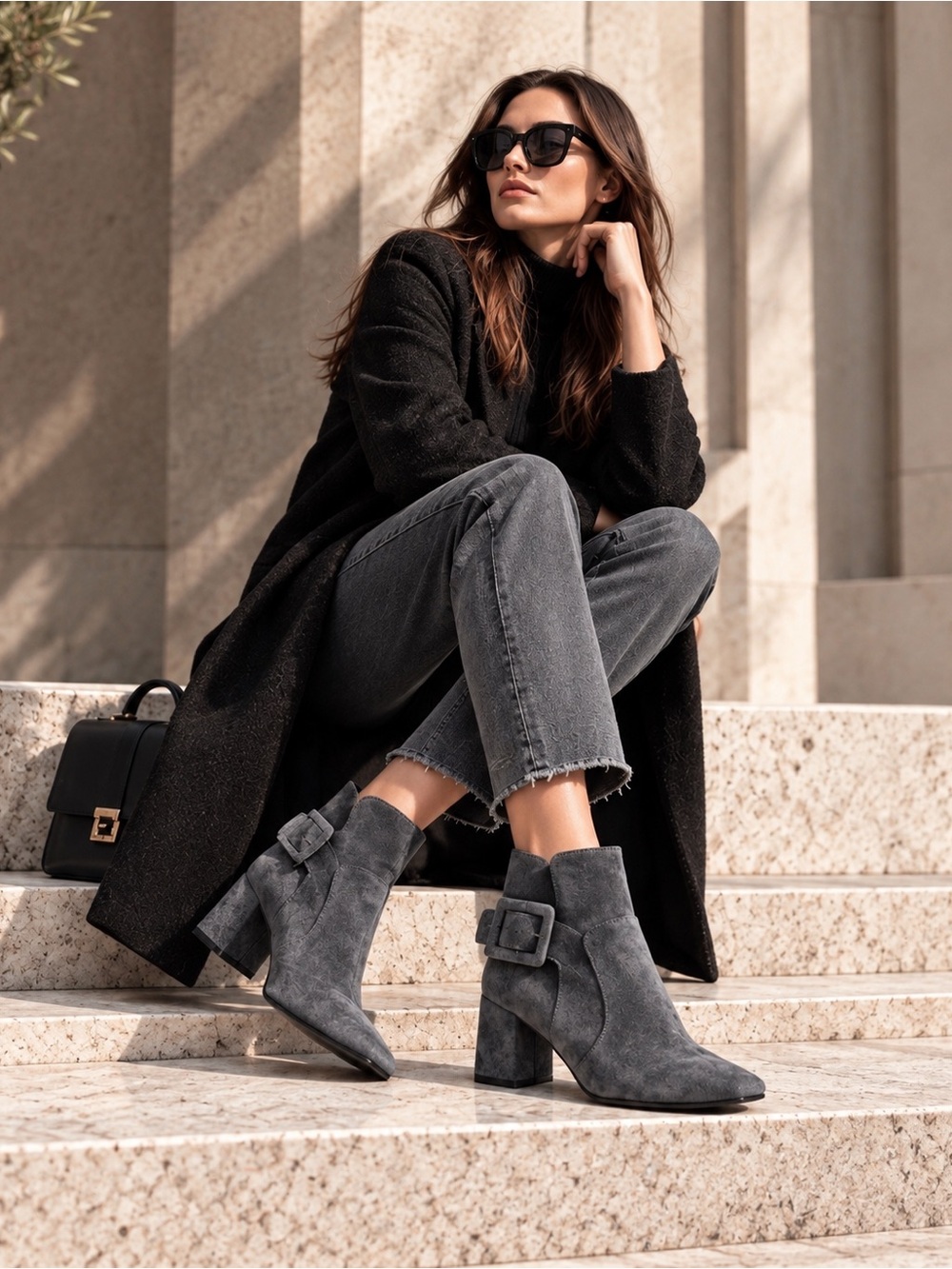 Roger Vivier Charcoal Gray Suede Buckle Block Heel Ankle Boots
